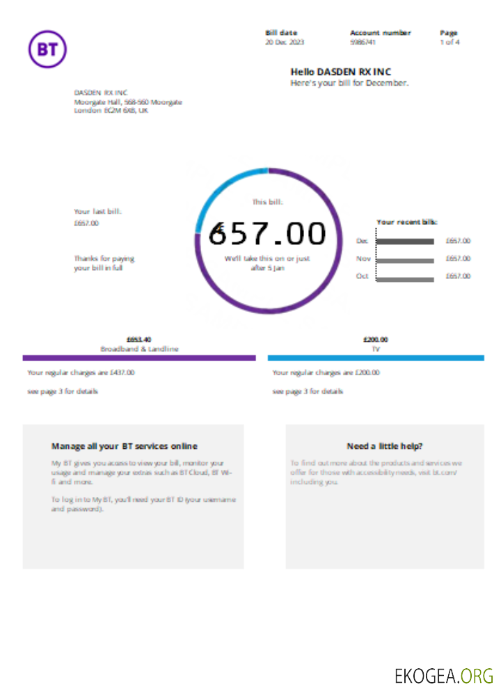 Facture commerciale des services publics de télécommunications BT, SCR